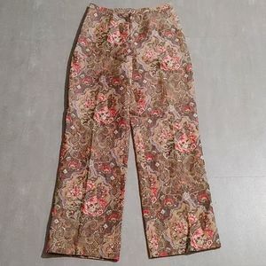 Talbots Womens Tan Silk Linen High Waist Floral Wide Leg Trousers Dress Pants
